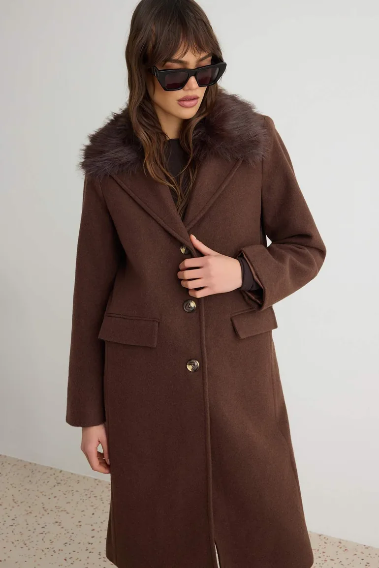 Brown Double-Breasted Coat with Fur Collar High Wool Content Oversized Long Coat - 1