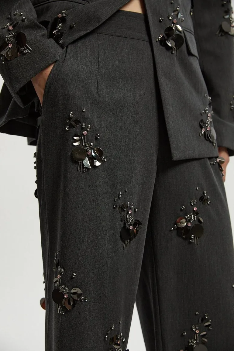 Petite Cluster Sequin & Crystal Embellished Tailored Wide Leg Trouser - 2
