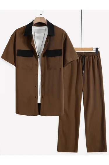 Men Brown Contrast Collar Shirt and Trousers Co-Ords