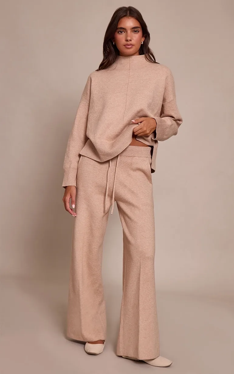 Oat Drawstring Wide Leg Knitted Trousers
