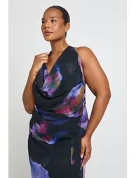 Plus Printed Cowl Neck Maxi Dress - purple - 3