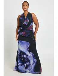 Plus Printed Cowl Neck Maxi Dress - purple
