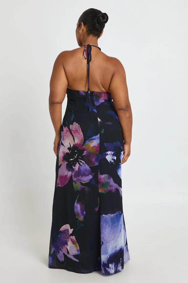 Plus Printed Cowl Neck Maxi Dress - purple - 1