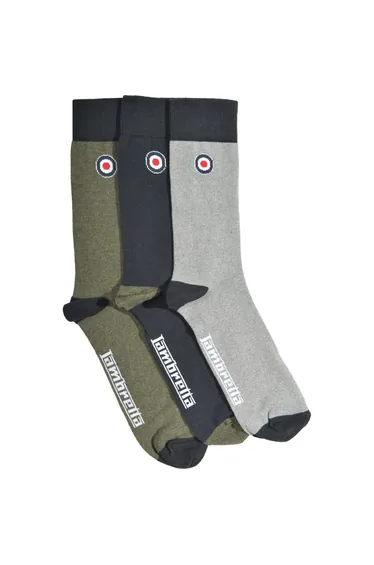 Lambretta Mens 3 Pack Crew Socks - Grey/Navy/Khaki - OS