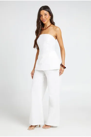 Linen Look Longline Bandeau & Wide Leg Trousers - white
