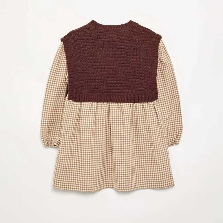 2-in-1 Dress with Knit Top and Flannel Bottom BROWN - 2