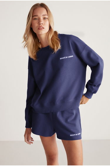 GRIMELANGE Jennifer Women's Organic Cotton Embroidered Round Neck Oversized Navy Sweatshirt product thumbnail 2