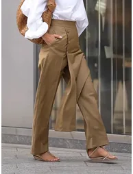 High Waisted Asymmetric Solid Color Pants Trousers - 2