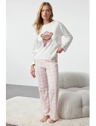 Ecru Plaid / Checked Single Jersey Knitted Pajama Set