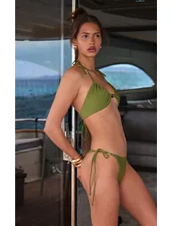 Olive Tie Side O Ring Trim Bikini Bottoms - 3