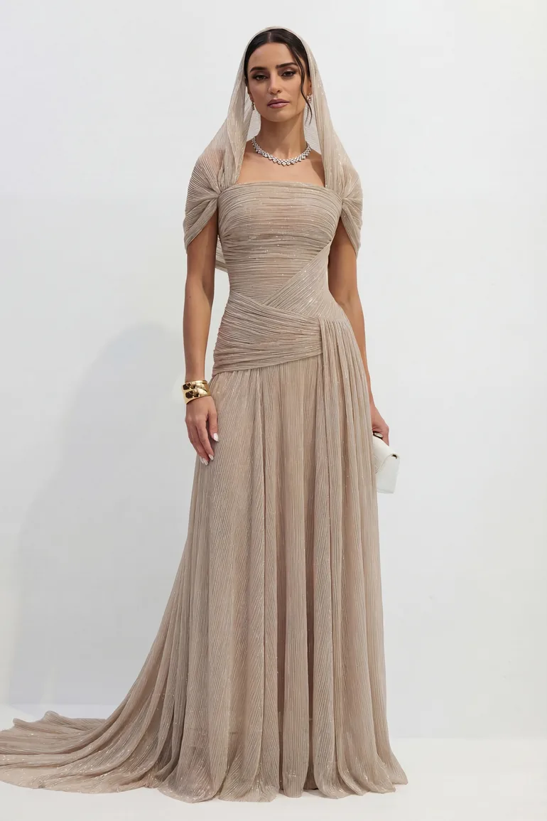 Totally Timeless Khaki Pleated Draped Strapless Maxi Dress