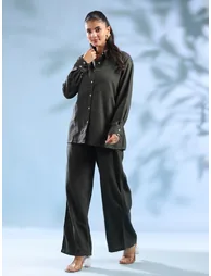 Olive Cotton Buttoned Shirt and Pants Co-Ords Set - 3