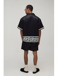 Oversized Short Sleeve Abstract Boarder Print Satin Shirt & Short Set - black - 2