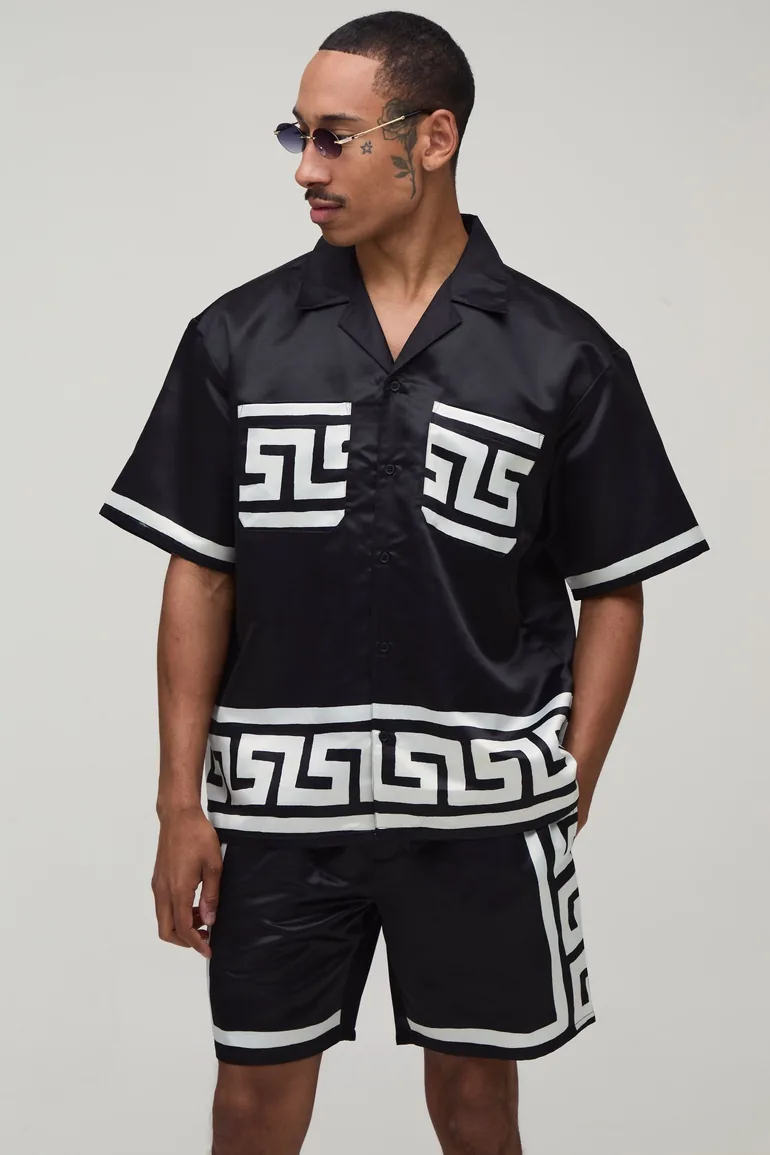Oversized Short Sleeve Abstract Boarder Print Satin Shirt & Short Set - black - 1