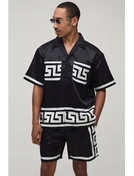 Oversized Short Sleeve Abstract Boarder Print Satin Shirt & Short Set - black - 1