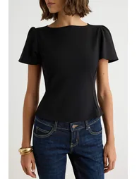 Black Plain Fitted/Balloon Sleeve Knitted Blouse - 2
