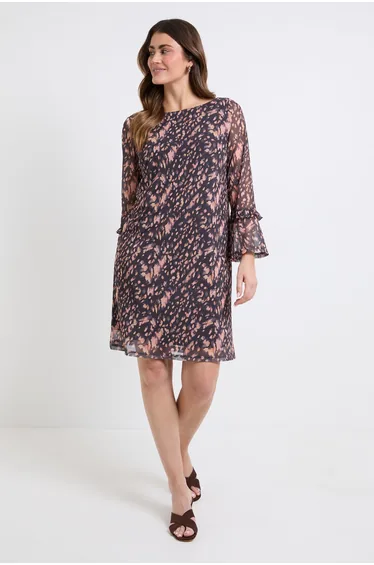 Animal Mesh Ruffle Sleeve Shift Dress