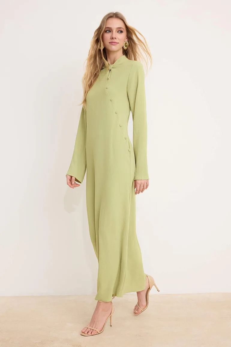 Green Unlined Plain Woven Aerobin Hijab Dress - 1