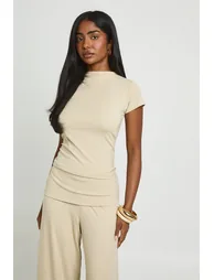 Super Soft Rib T-shirt Fold Over Wide Leg Co-ord - stone - 2