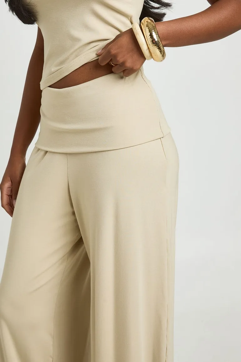 Super Soft Rib T-shirt Fold Over Wide Leg Co-ord - stone - 3