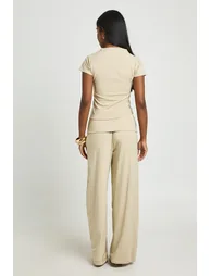 Super Soft Rib T-shirt Fold Over Wide Leg Co-ord - stone - 1
