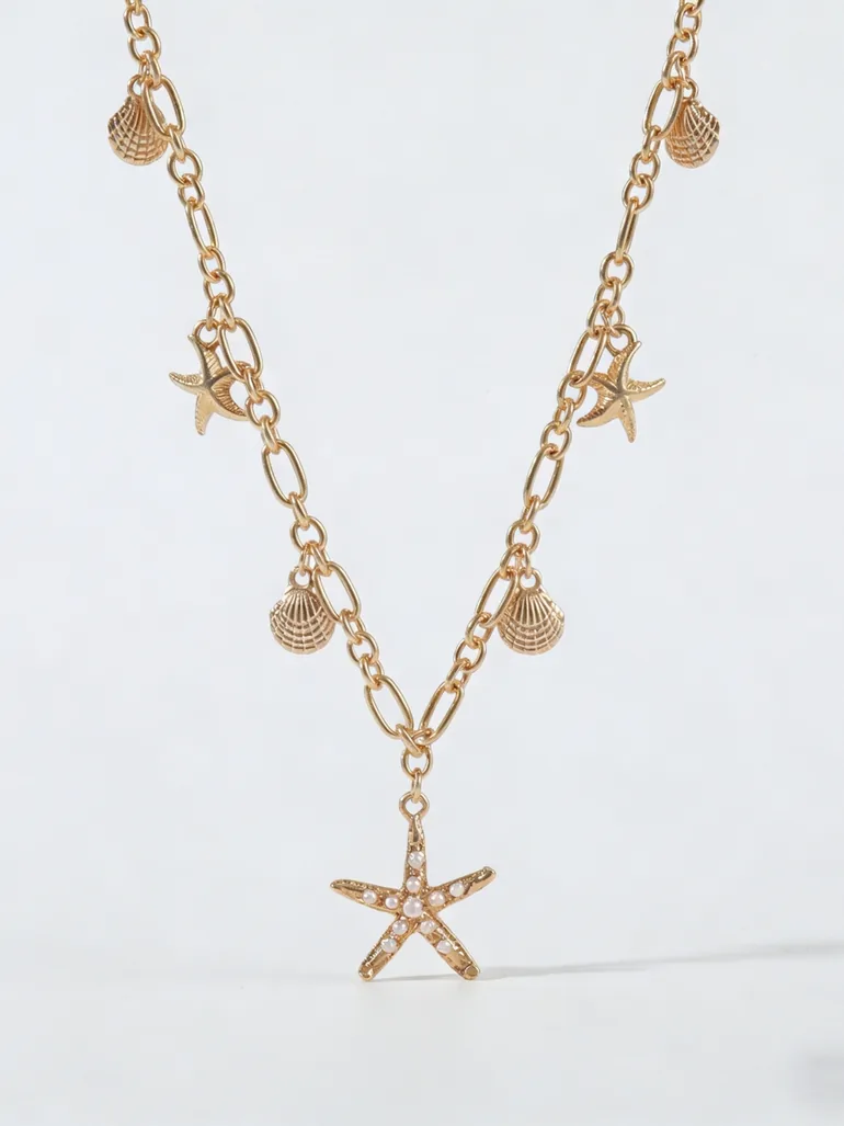 Gold Seashell and Starfish Pendant Necklace - 2