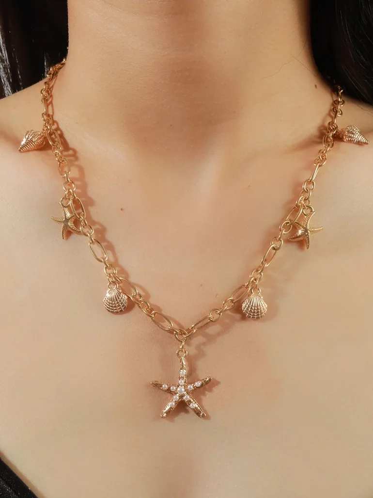 Gold Seashell and Starfish Pendant Necklace