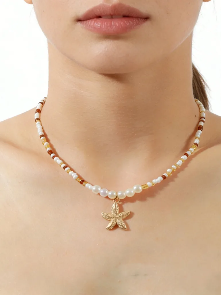 Gold Seashell and Starfish Pendant Necklace - 3