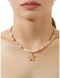 Gold Seashell and Starfish Pendant Necklace - 3