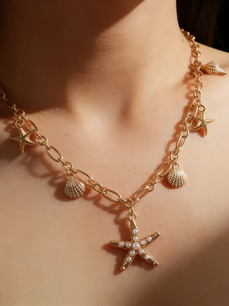 Gold Seashell and Starfish Pendant Necklace - 1