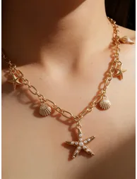 Gold Seashell and Starfish Pendant Necklace - 1