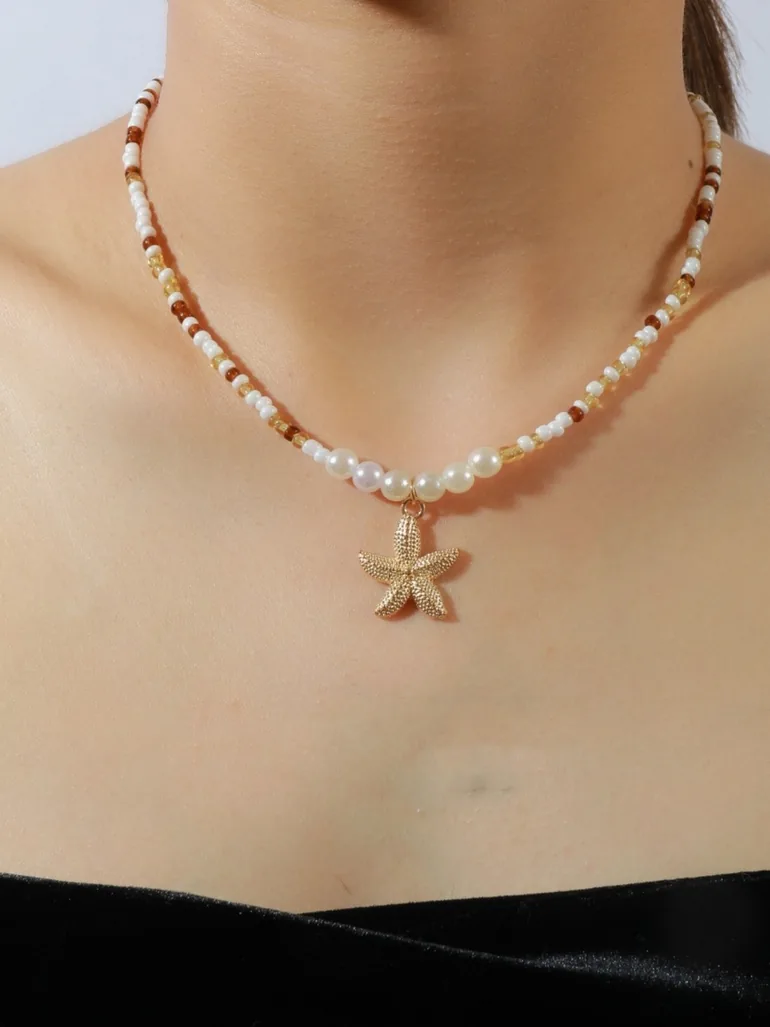 Gold Seashell and Starfish Pendant Necklace - 4
