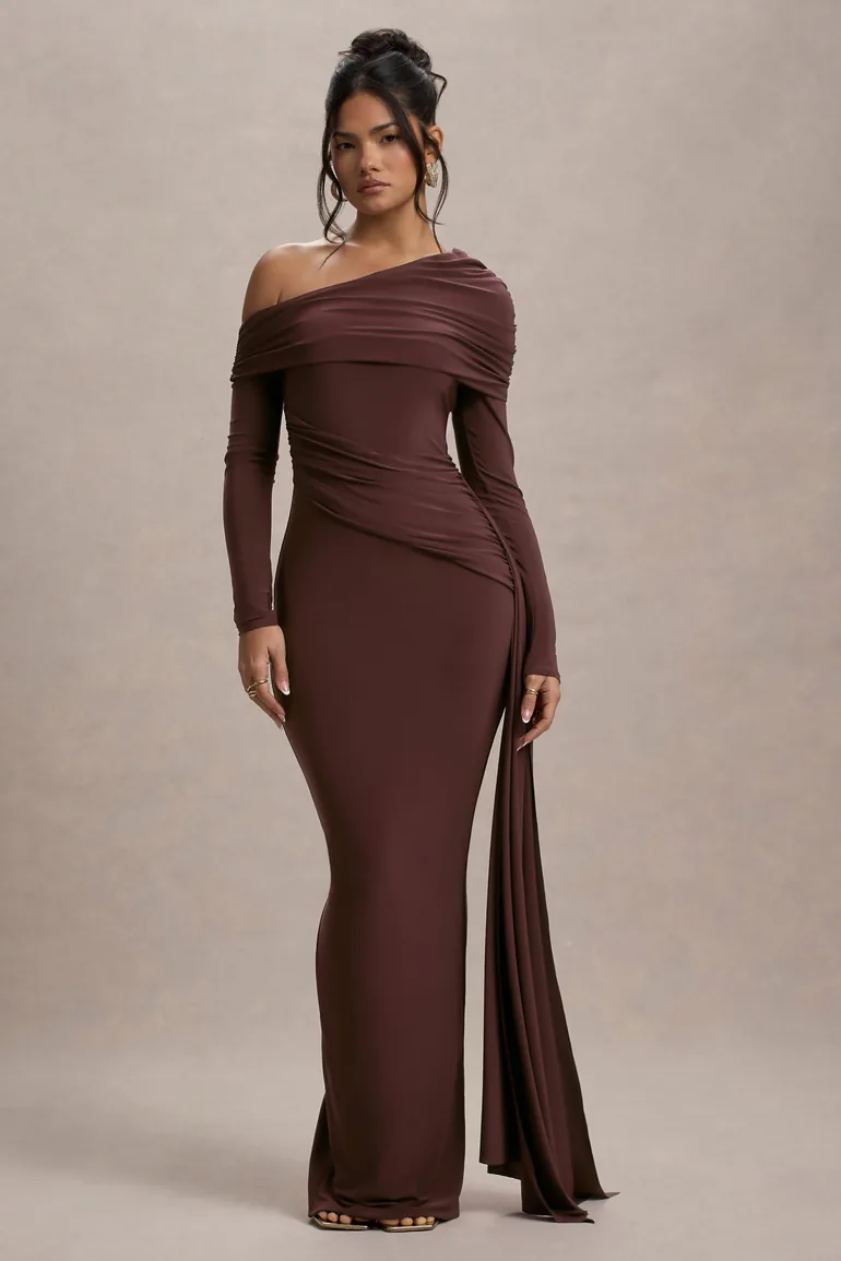 Valina | Brown Ruched Asymmetric Maxi Dress With Drape