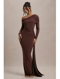 Valina | Brown Ruched Asymmetric Maxi Dress With Drape - 4