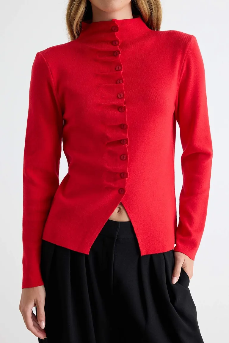Red Stand Collar Ruffle Closure Knitwear Cardigan - 2