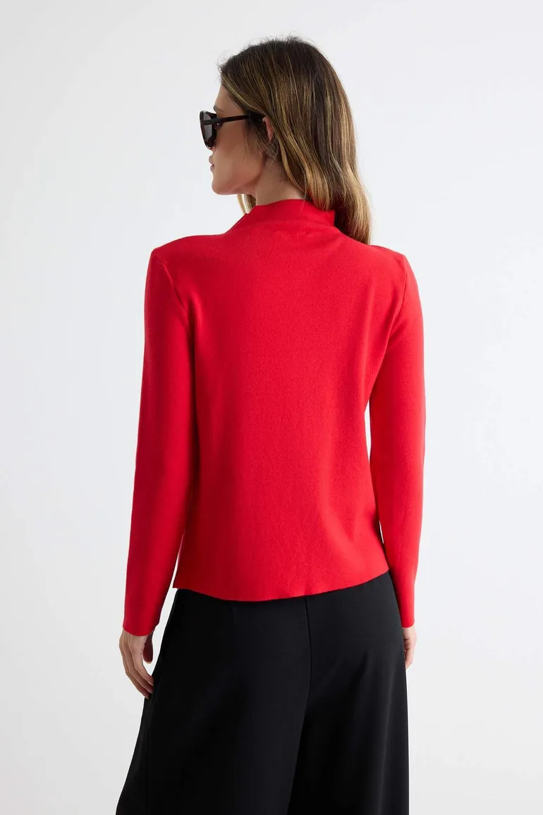 Red Stand Collar Ruffle Closure Knitwear Cardigan - 3