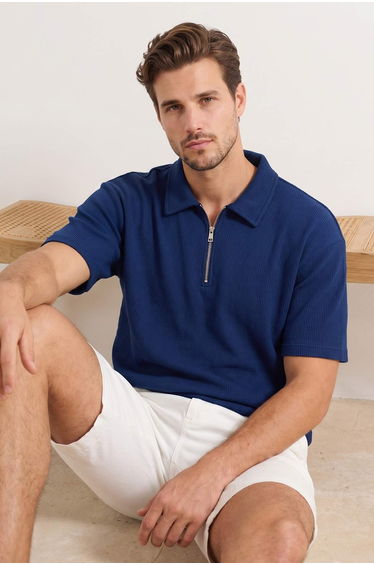 Navy Blue Oversized /Wide Cut Textured Zippered Polo Neck T-Shirt product thumbnail 2