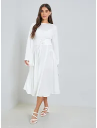 Women Off-White Long Sleeves A-Line Midi Dress