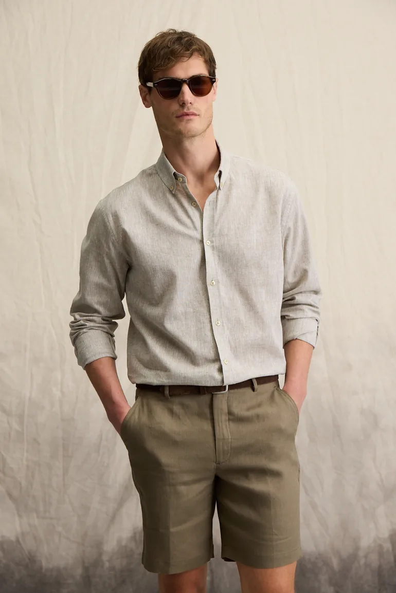 GRIMELANGE LASSE Men's Shirt Collar Cuffed Long Sleeve Regular Fit Khaki Shirt