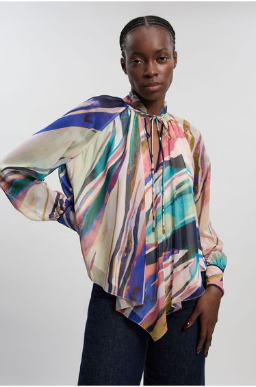 Marble Print Crinkle Chiffon Cape Woven Blouse