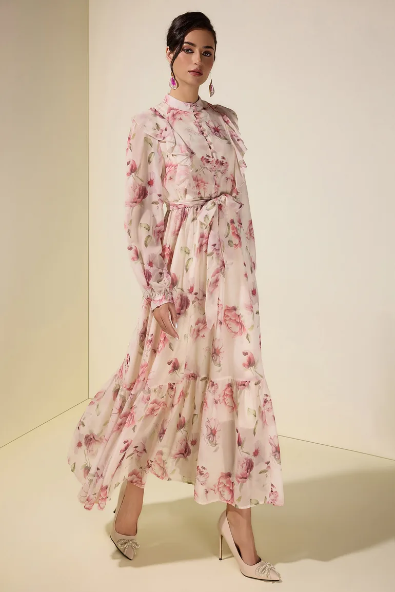 Floral Ruffle Maxi Dress With Belt - 5