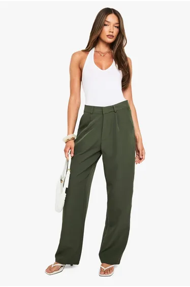 Pleated Front Woven Straight Leg Trouser