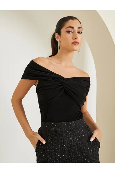Women Black Off-Shoulder Twist Knit Top