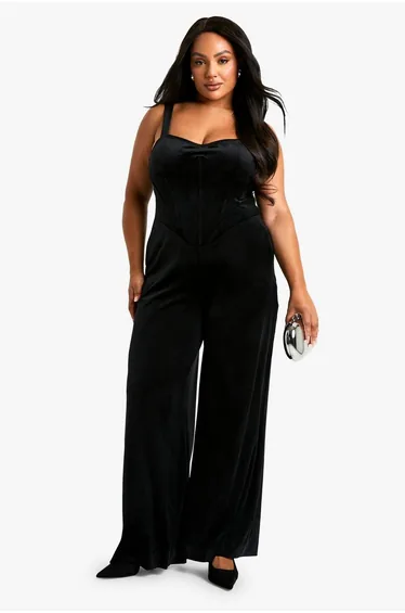 Plus Velvet Corset Wideleg Jumpsuit - black