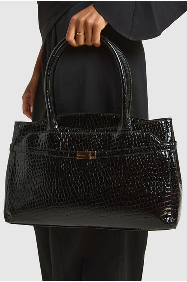 Patent Croc Structured Multi Compartment Tote Bag - black