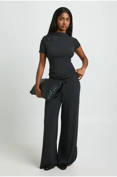 Ultra Soft Jersey Knit Tie Shoulder Top - charcoal