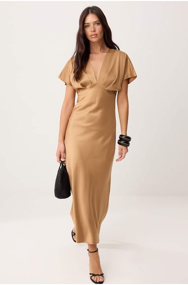 Light Brown Satin Maxi Woven Dress