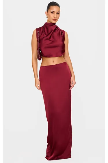 Burgundy Satin High Neck Tie Back Crop Top