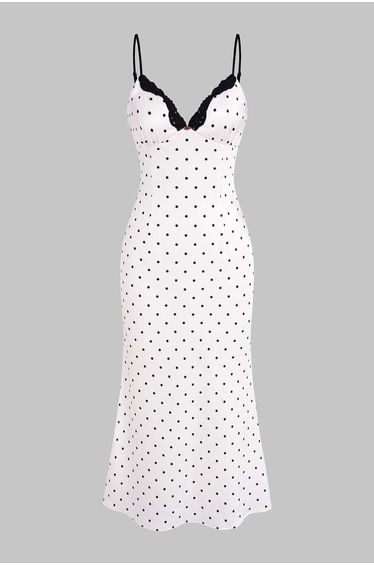 Polka Dots Print Chiffon Patchwork Lace Trim Slip Sleeveless Midi Dress product thumbnail 2