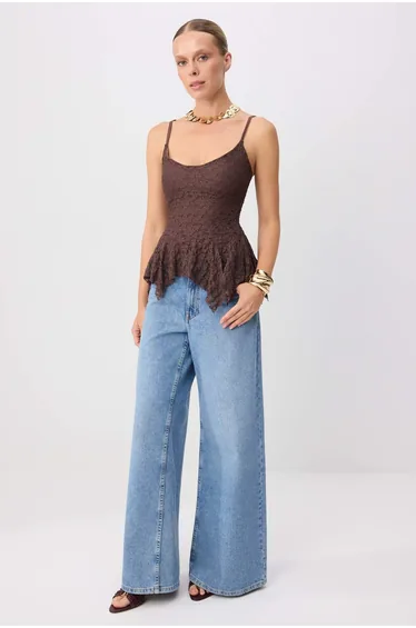 Brown White Asymmetric Detailed Lace Knitted Party Blouse
